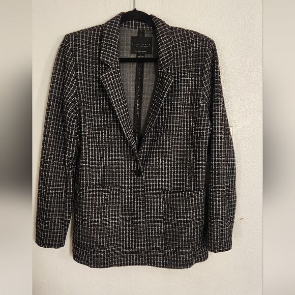 Sanctuary Johnnie Plaid Blazer Tweed Black Gray w/silver threads Size Small - Picture 2 of 11